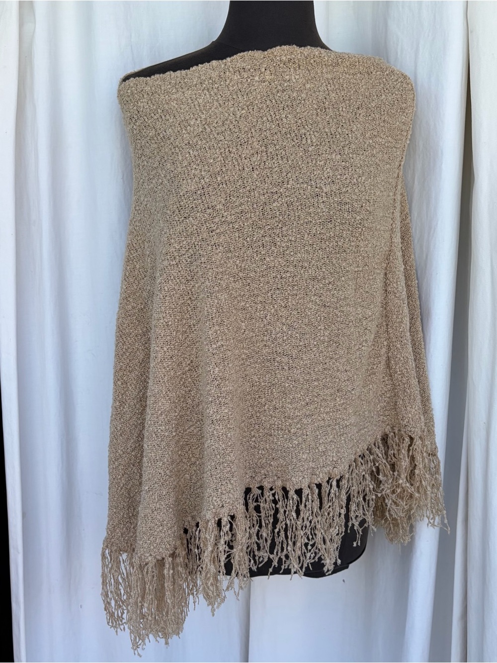 Tan Fringe Knit Sweater Poncho, Y2K Style Streetwear Boho Western Festival
